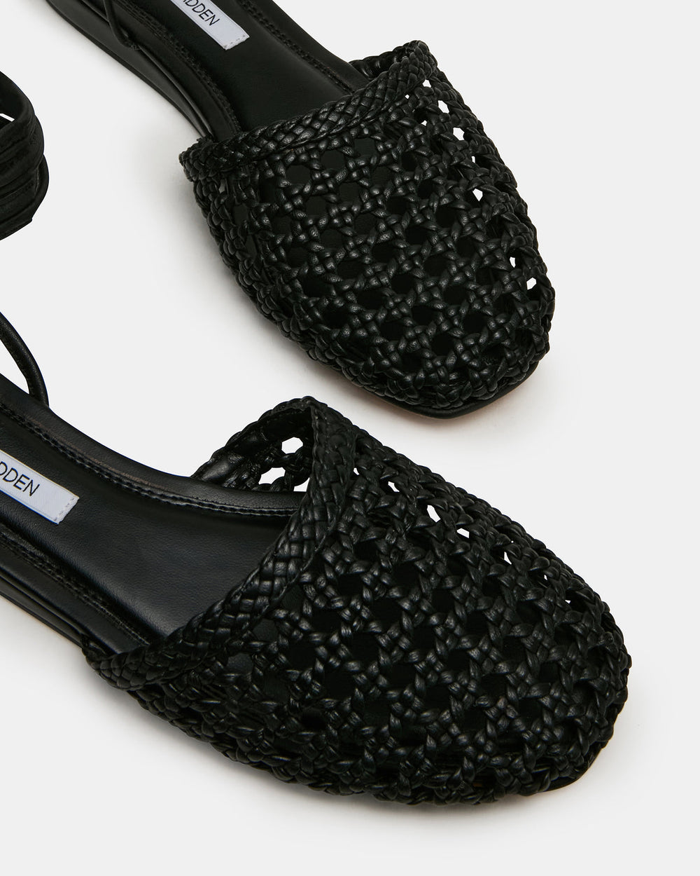 FLUTTER Black Leather Woven Mule Leg-Ties Strappy Women's Flat | Steve Madden Sale