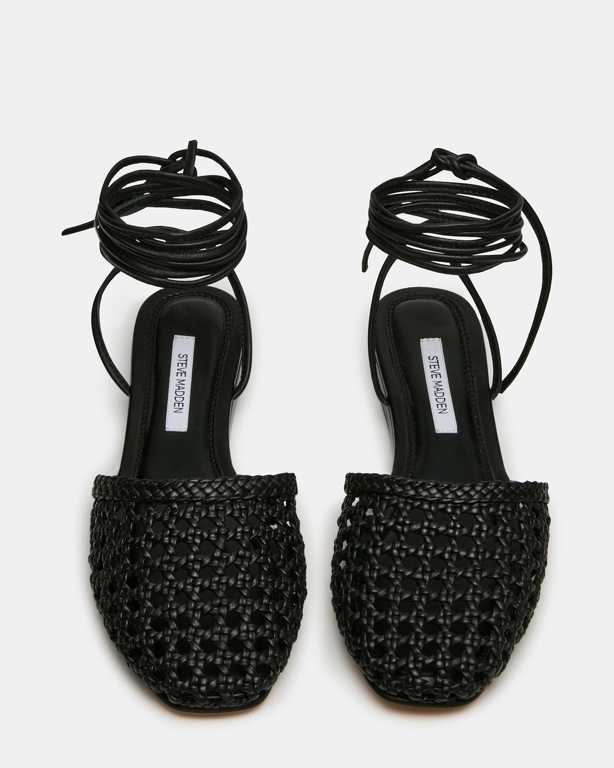 FLUTTER Black Leather Woven Mule Leg-Ties Strappy Women's Flat | Steve Madden Sale