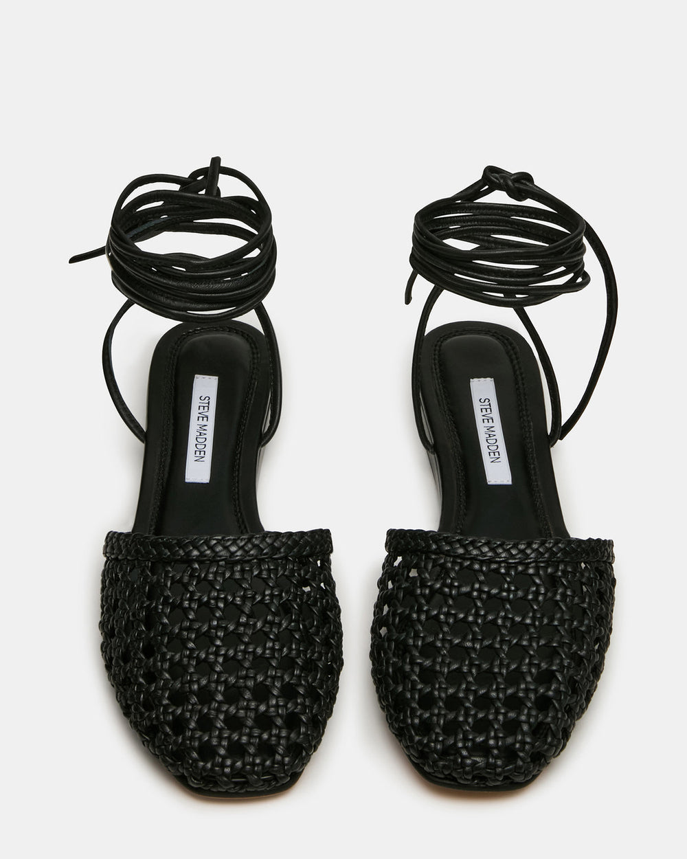 FLUTTER Black Leather Woven Mule Leg-Ties Strappy Women's Flat | Steve Madden Sale
