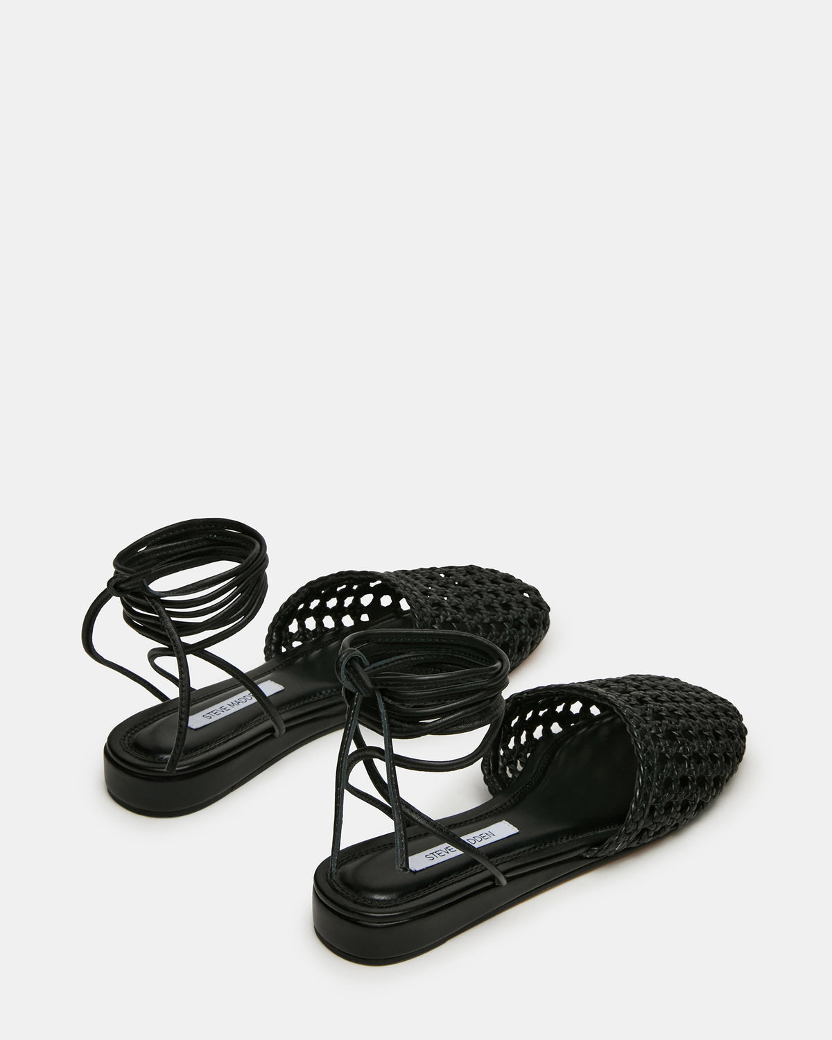 FLUTTER Black Leather Woven Mule Leg-Ties Strappy Women's Flat | Steve Madden Sale