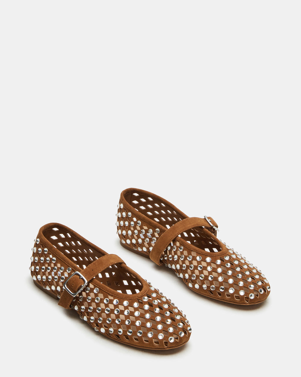 DREAMING Chestnut Suede Rhinestones Women's Mary Jane Flats | Steve Madden outlet