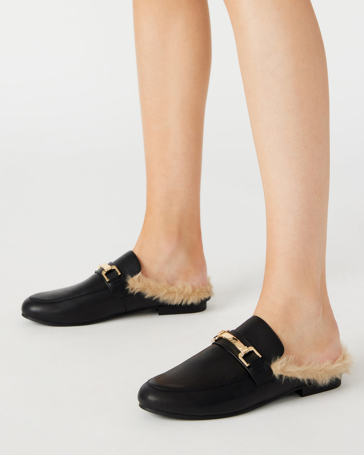 KHLOE Black Leather Women's Faux Fur Mule | Steve Madden on Sale