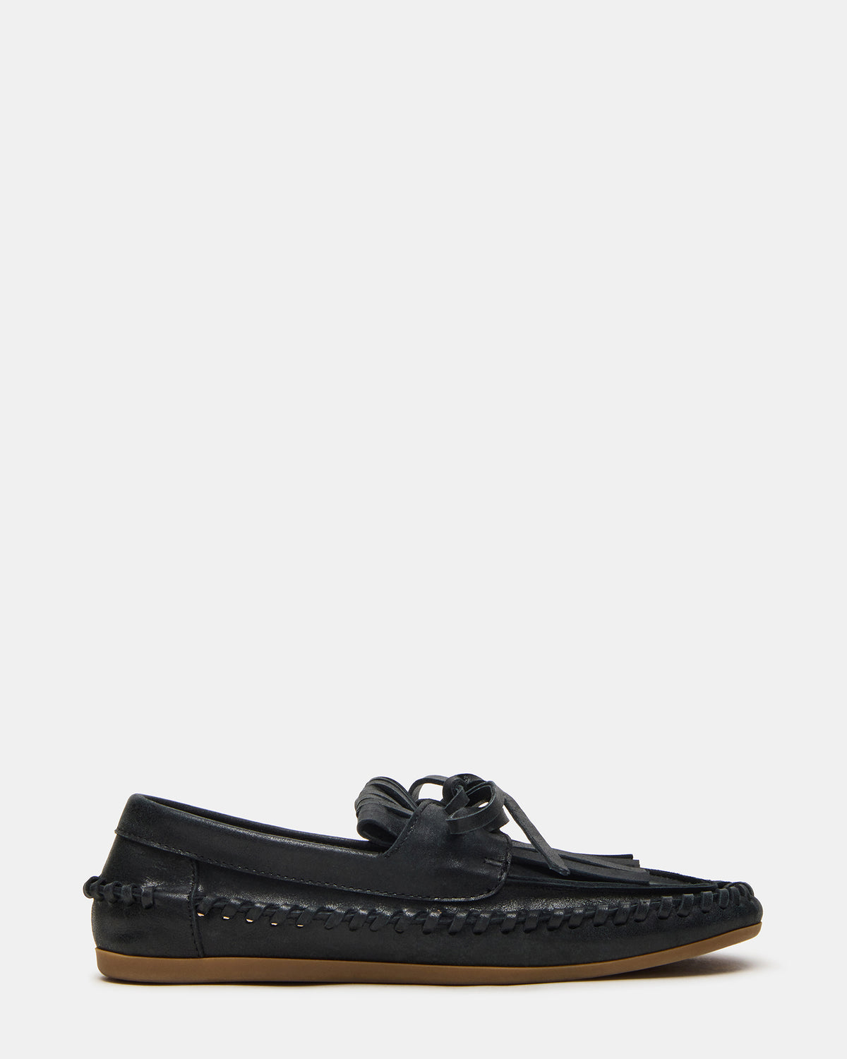SAMUAL Black Distressed Fringe Boat Women's Loafer | Steve Madden US