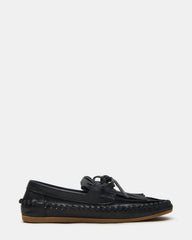 SAMUAL Black Distressed Fringe Boat Women's Loafer | Steve Madden US