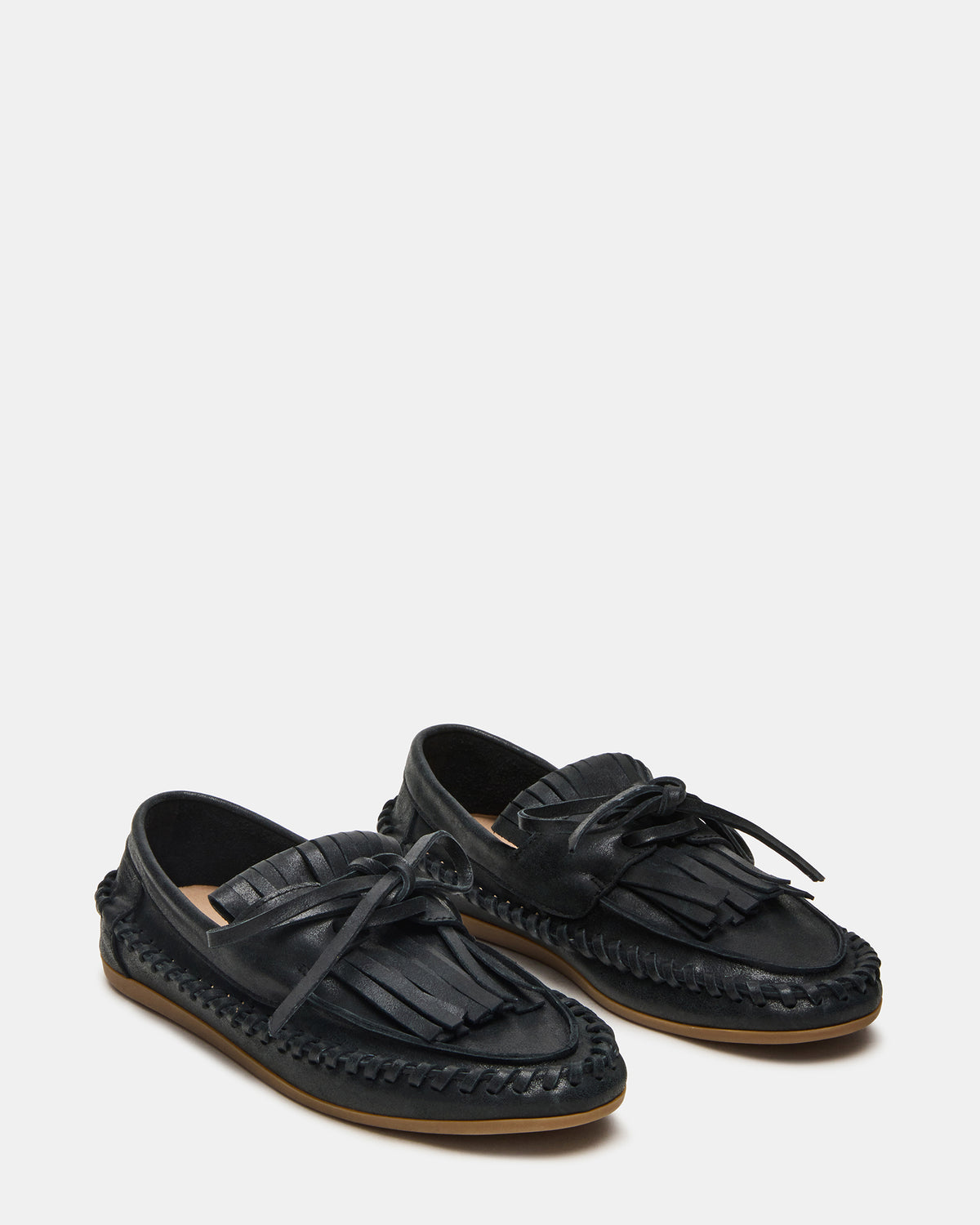 SAMUAL Black Distressed Fringe Boat Women's Loafer | Steve Madden US