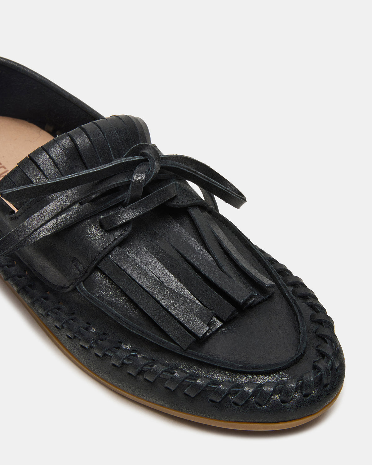SAMUAL Black Distressed Fringe Boat Women's Loafer | Steve Madden US