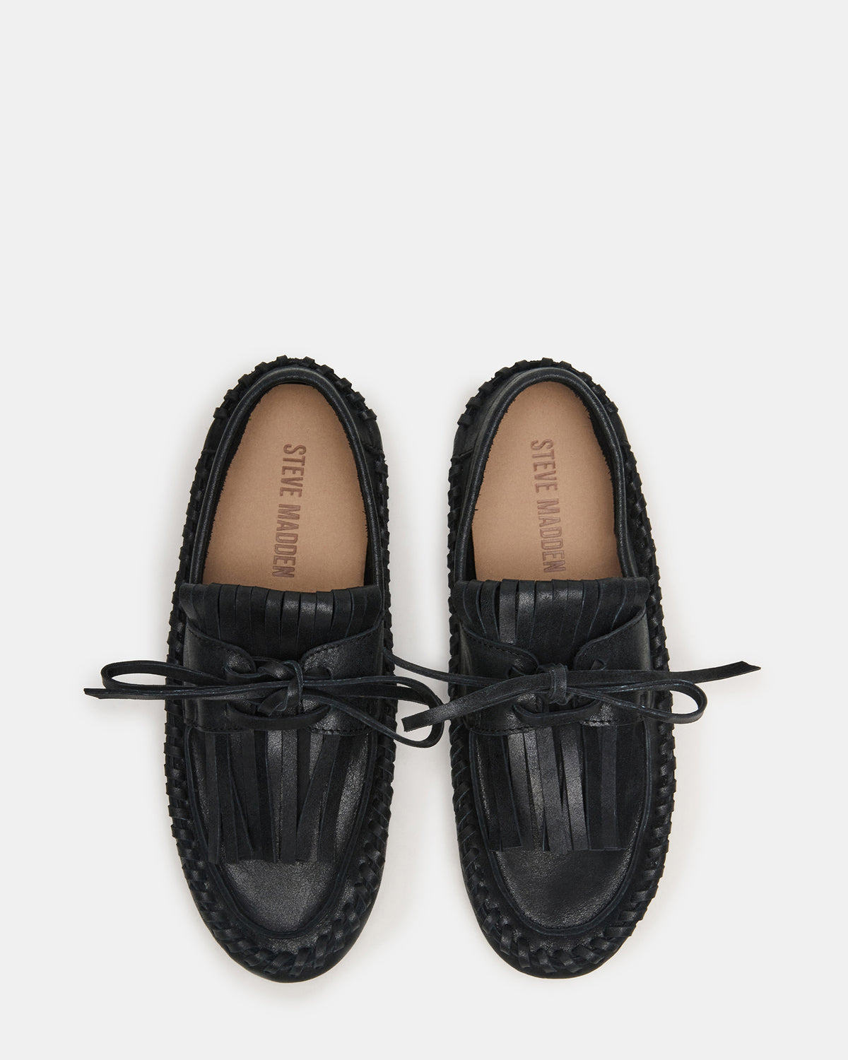 SAMUAL Black Distressed Fringe Boat Women's Loafer | Steve Madden US