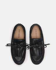 SAMUAL Black Distressed Fringe Boat Women's Loafer | Steve Madden US