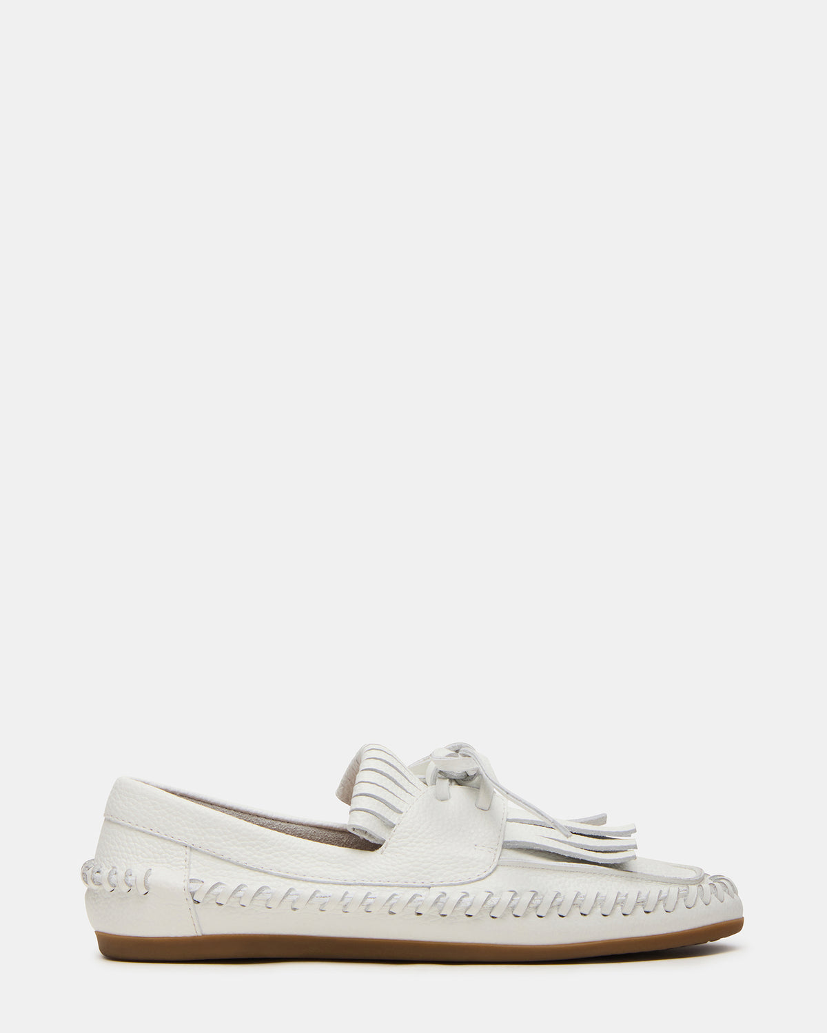 SAMUAL White Leather Fringe Boat Women's Loafer | Steve Madden US