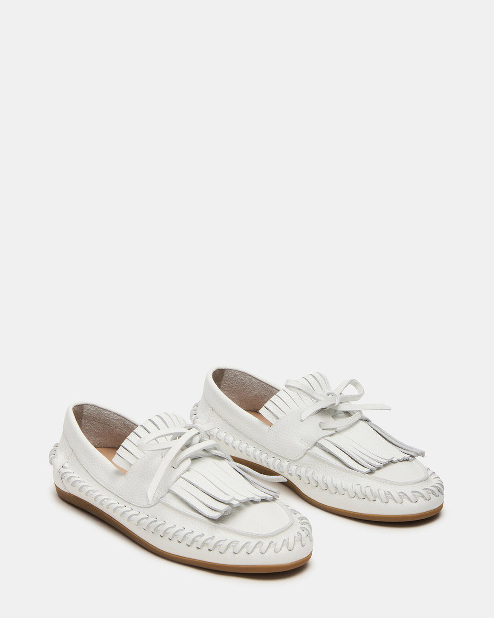 SAMUAL White Leather Fringe Boat Women's Loafer | Steve Madden US