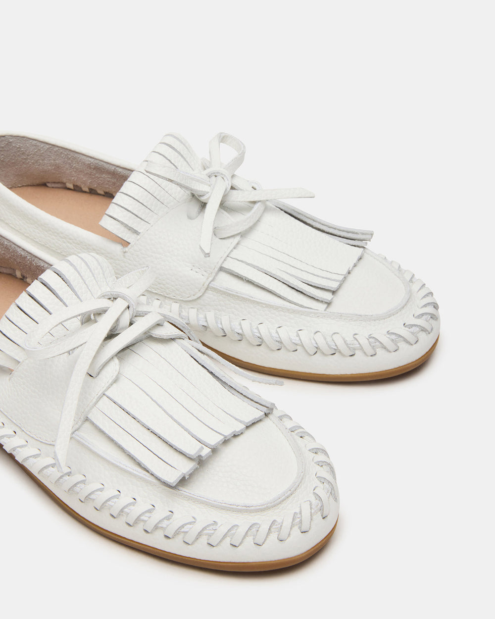 SAMUAL White Leather Fringe Boat Women's Loafer | Steve Madden US