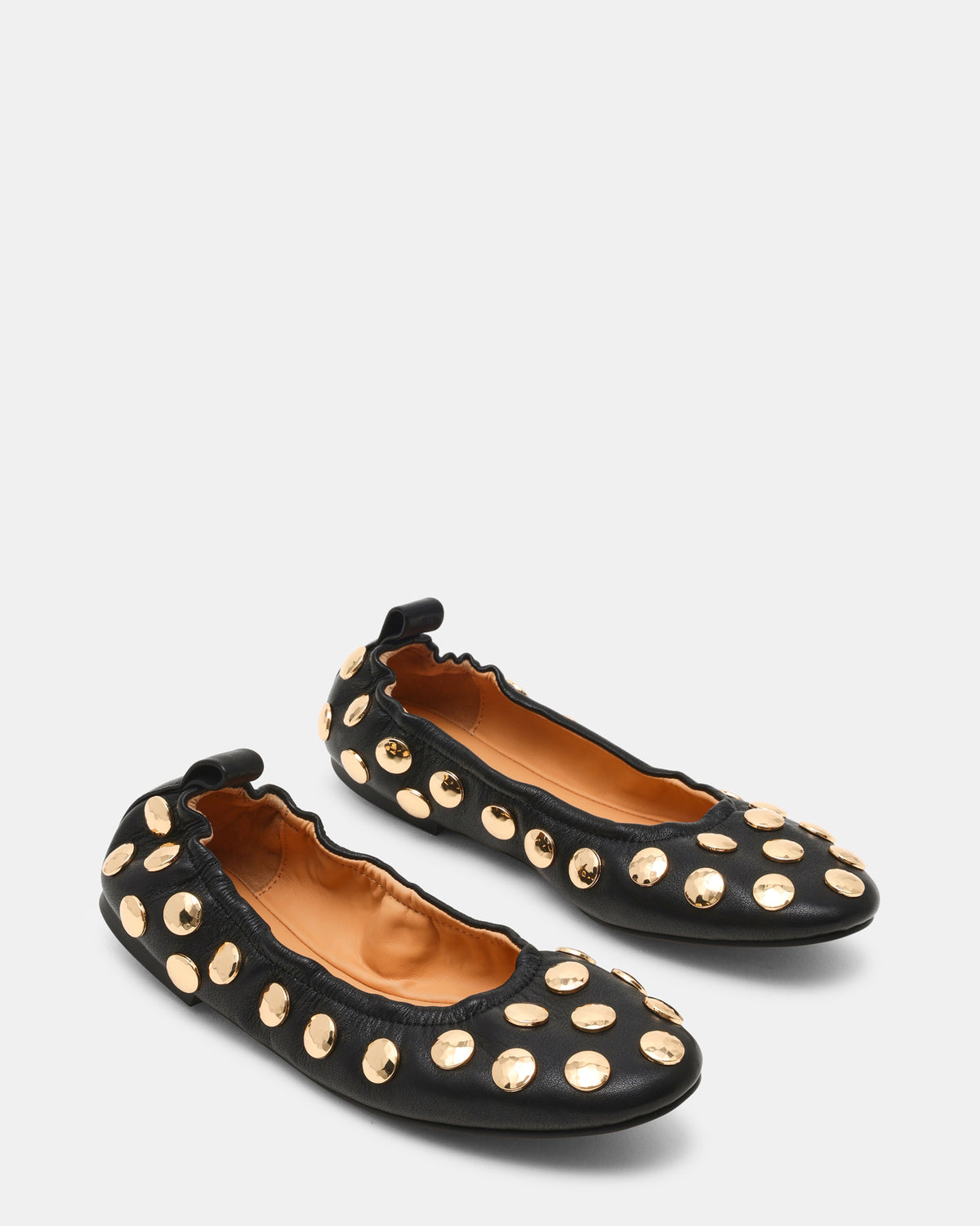 LANTA Black Leather Studded Gold-Detail Round-Toe Women's Flat | Steve Madden Sale