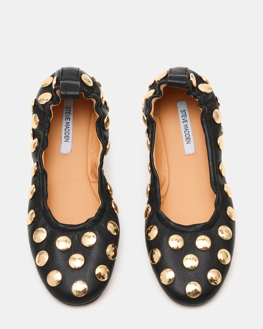 LANTA Black Leather Studded Gold-Detail Round-Toe Women's Flat | Steve Madden Sale