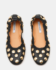LANTA Black Leather Studded Gold-Detail Round-Toe Women's Flat | Steve Madden Sale