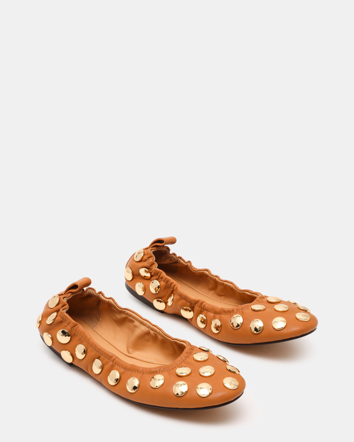 LANTA Tan Leather Studded Gold-Detail Round-Toe Women's Flat | Steve Madden on Sale