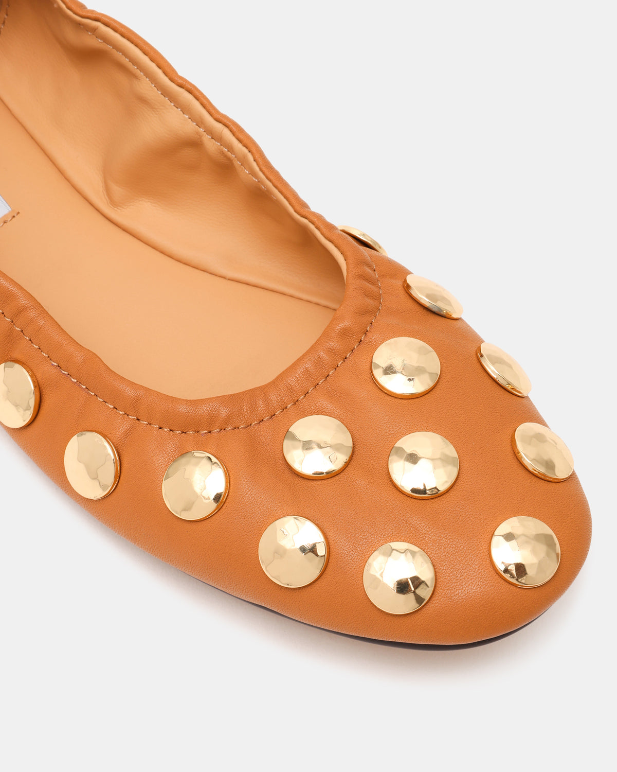 LANTA Tan Leather Studded Gold-Detail Round-Toe Women's Flat | Steve Madden on Sale