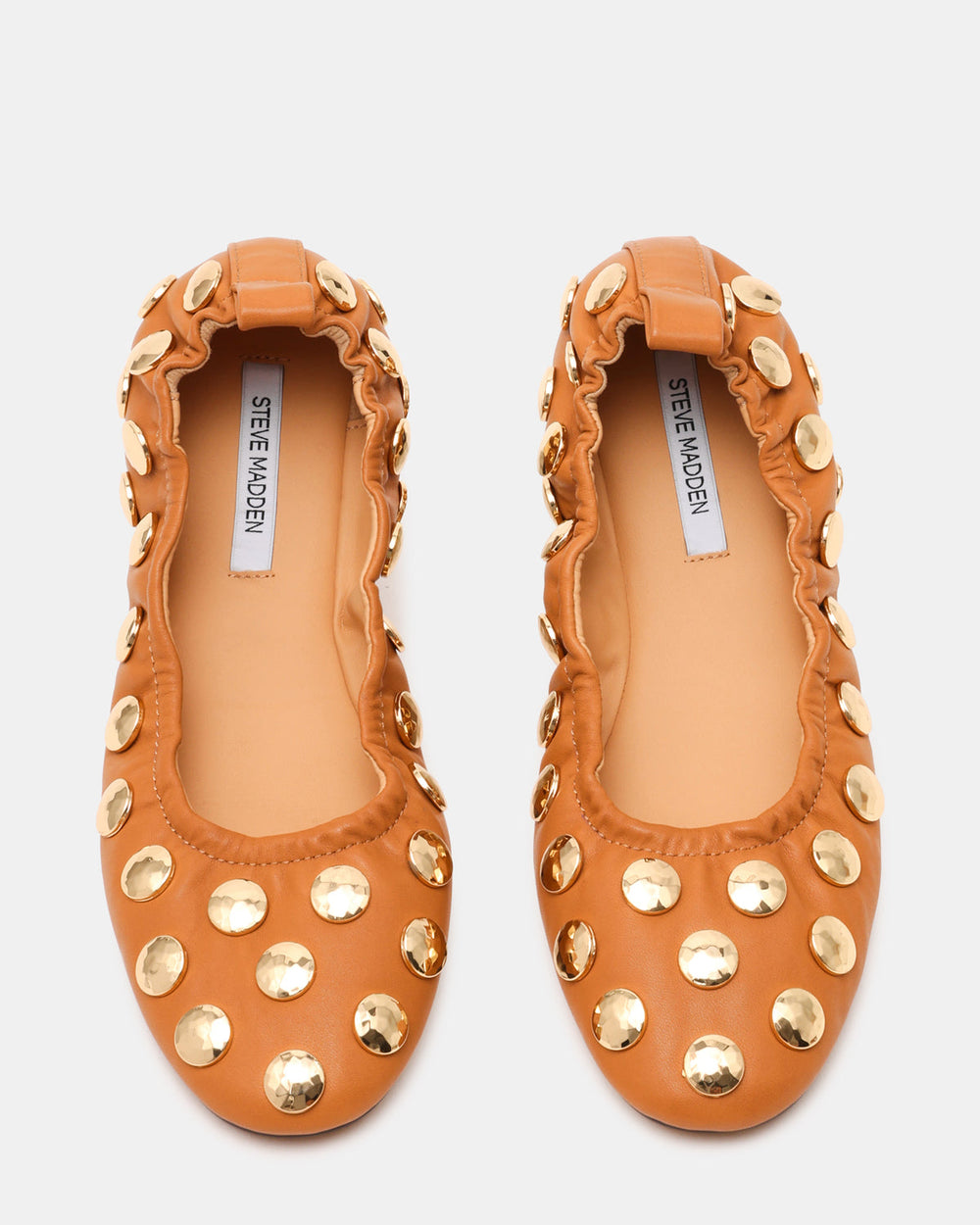LANTA Tan Leather Studded Gold-Detail Round-Toe Women's Flat | Steve Madden on Sale