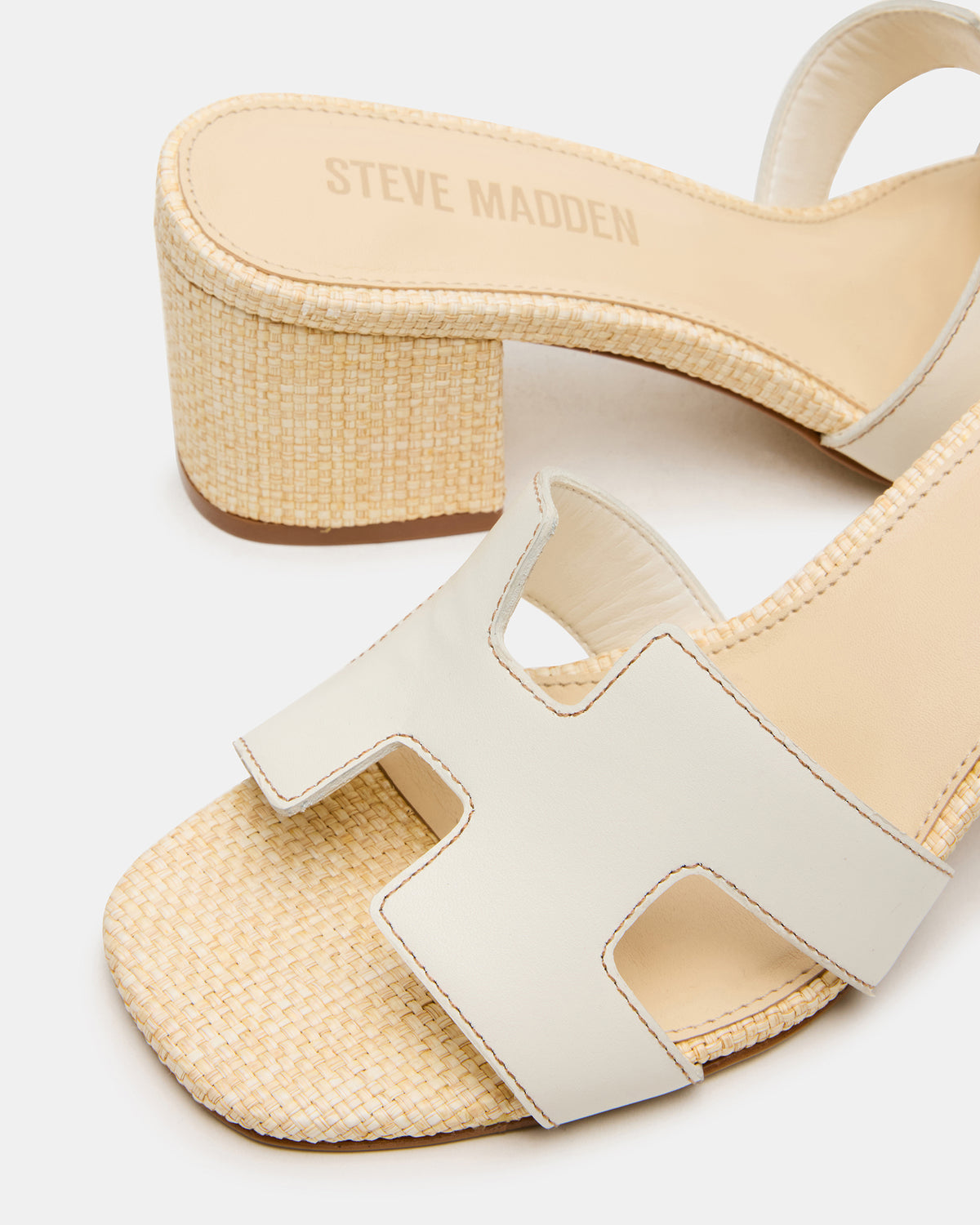HANA BONE LEATHER Square-Toe Mule Block Heel Women's Sandal | Steve Madden on Sale