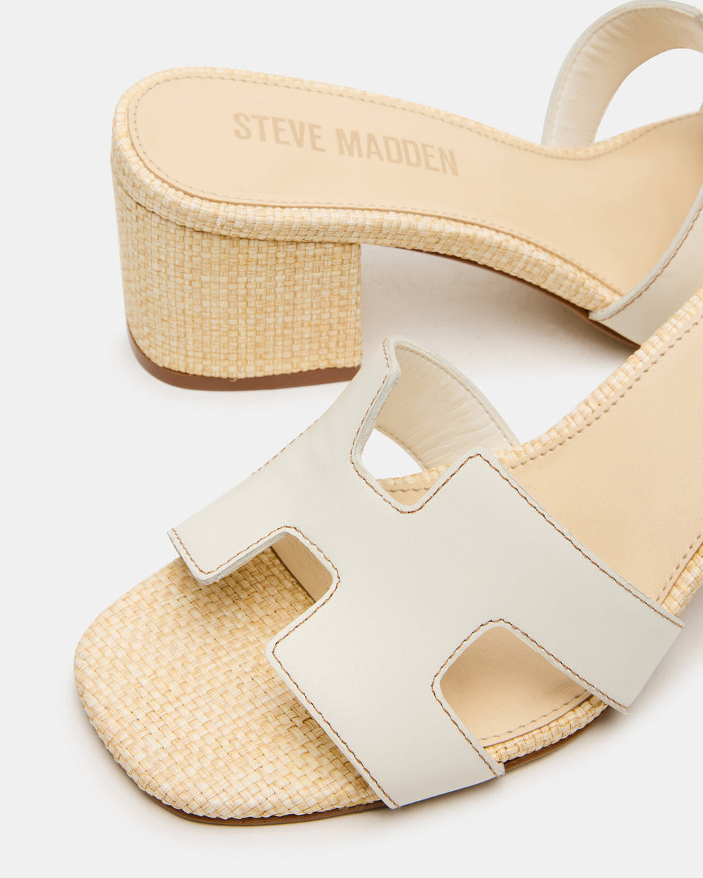 HANA BONE LEATHER Square-Toe Mule Block Heel Women's Sandal | Steve Madden on Sale