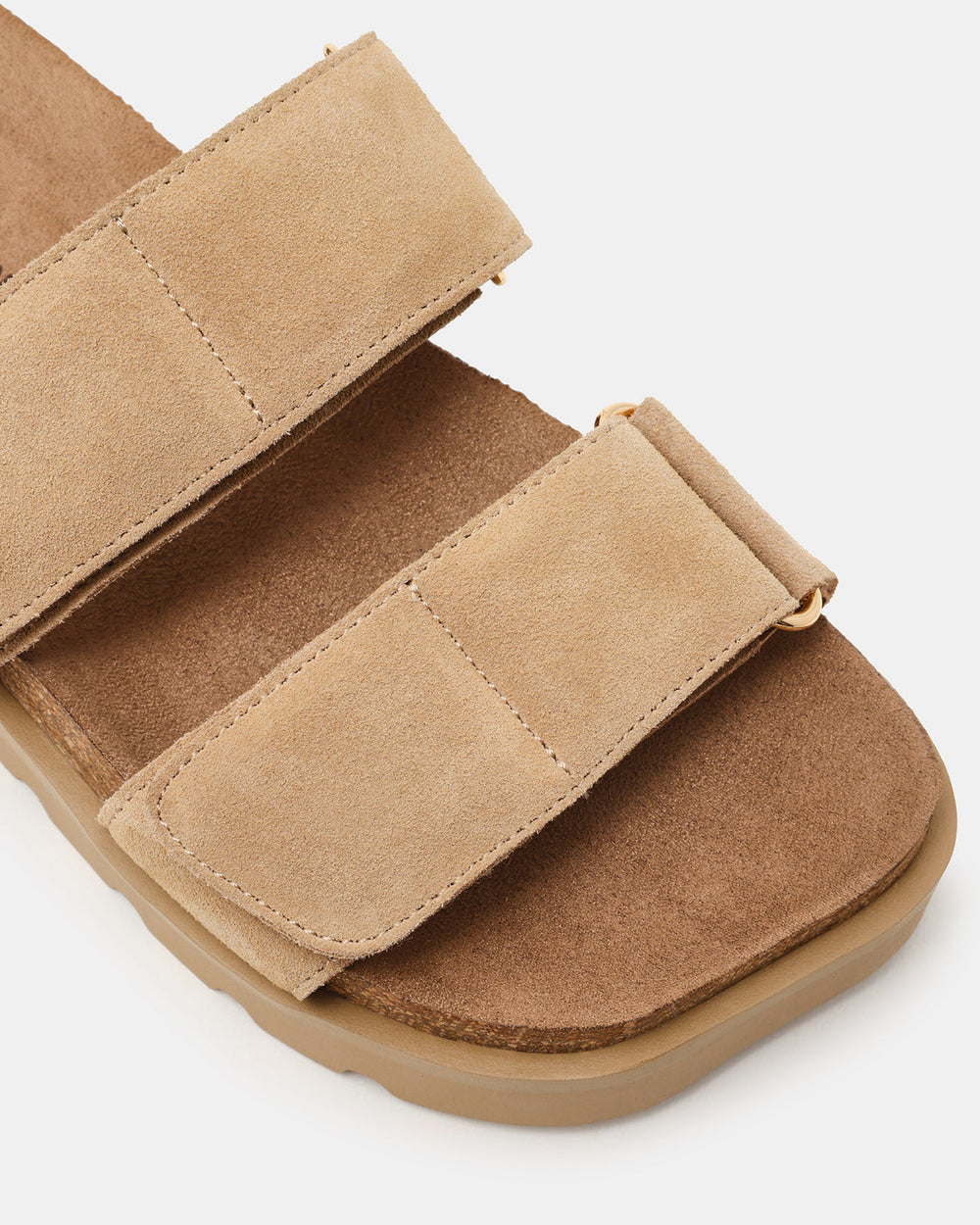 LUTHER Taupe Suede Velcro Strap Slip-On Square-Toe Women's Sandals | Steve Madden near me
