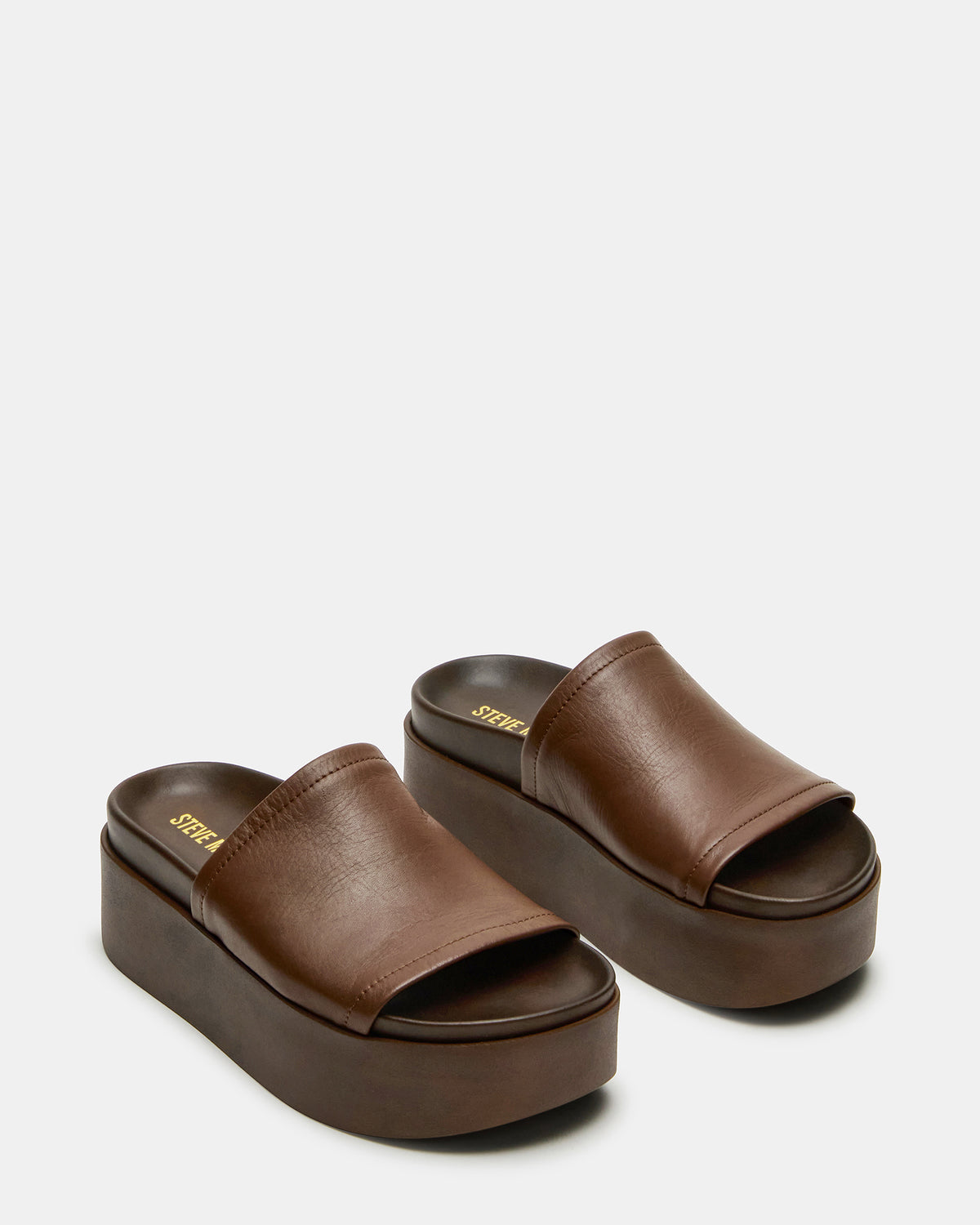 ARWEN Brown Leather Women's Platform Footbed Slide Chunky Sandal | Steve Madden Sale