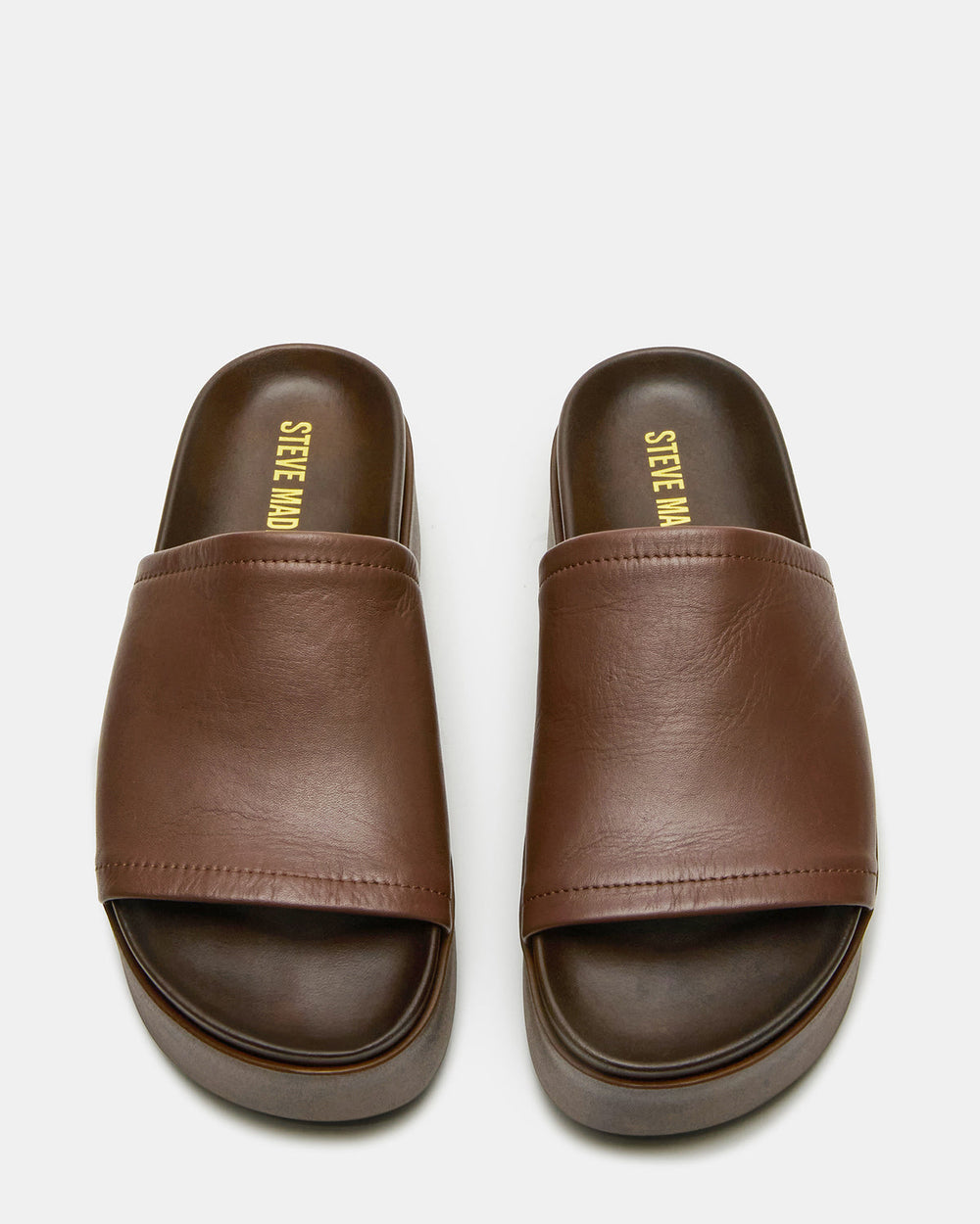 ARWEN Brown Leather Women's Platform Footbed Slide Chunky Sandal | Steve Madden Sale