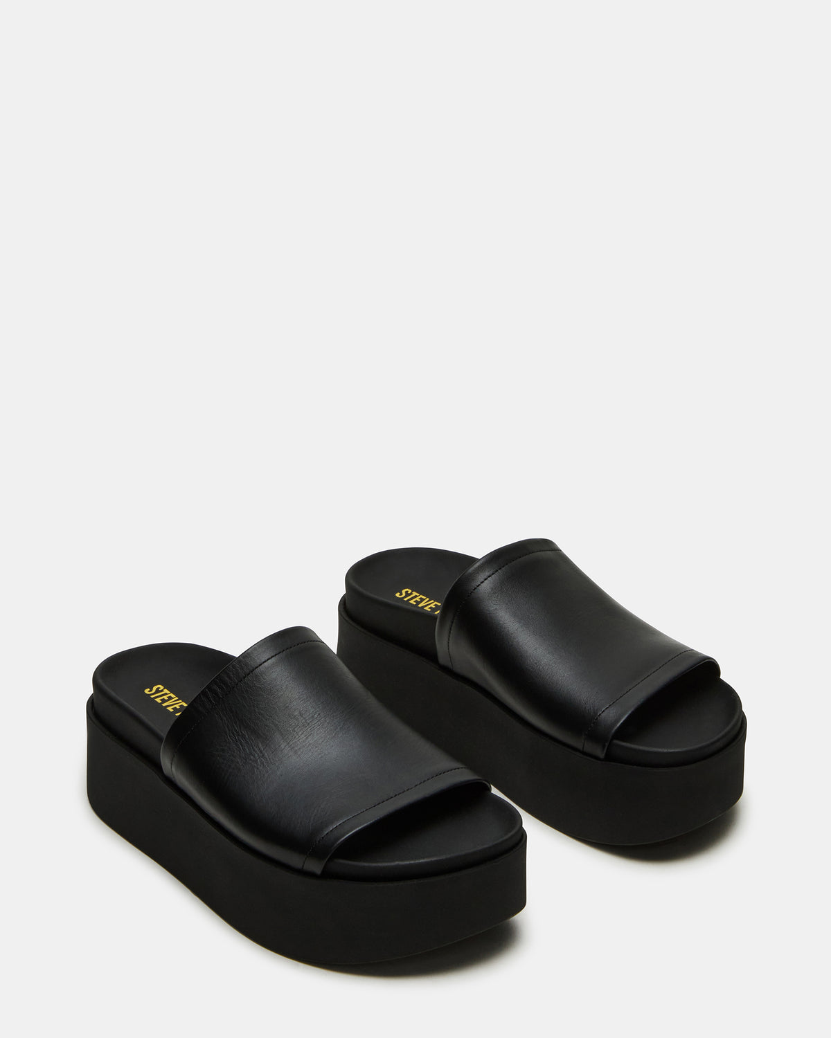 ARWEN Black Leather Women's Platform Footbed Slide Chunky Sandal | Steve Madden Sale