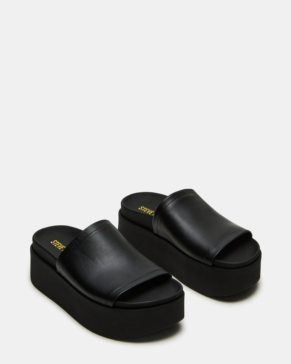 ARWEN Black Leather Women's Platform Footbed Slide Chunky Sandal | Steve Madden Sale