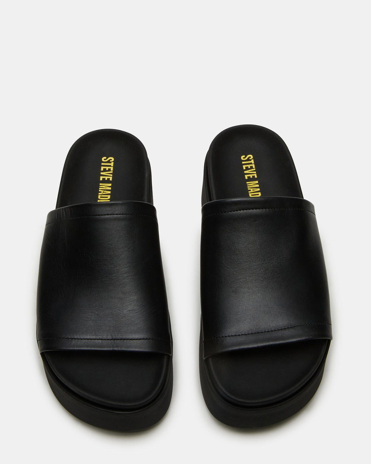 ARWEN Black Leather Women's Platform Footbed Slide Chunky Sandal | Steve Madden Sale