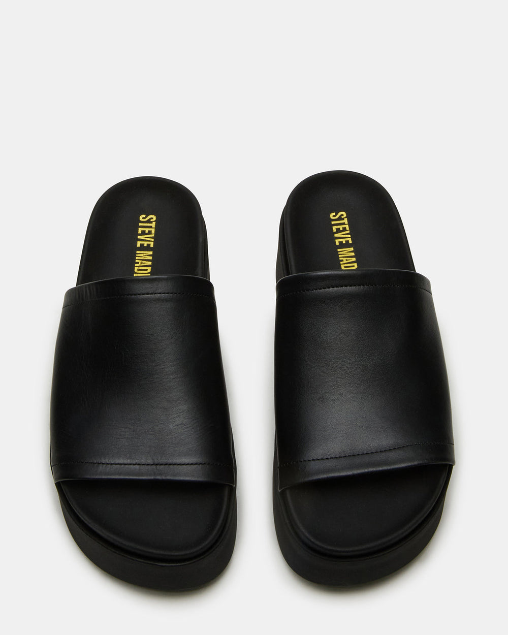 ARWEN Black Leather Women's Platform Footbed Slide Chunky Sandal | Steve Madden Sale