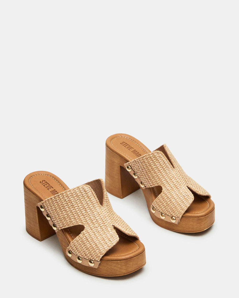 SUNKISSED Raffia Platform Block Heel Studded Women's Sandal | Steve Madden online