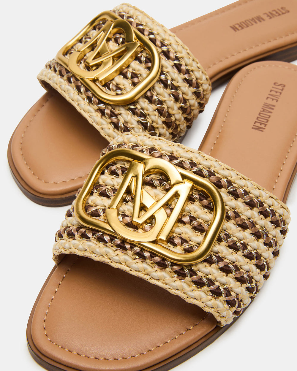 KORA Brown Raffia Gold Detail Slide Women's Sandal | Steve Madden outlet