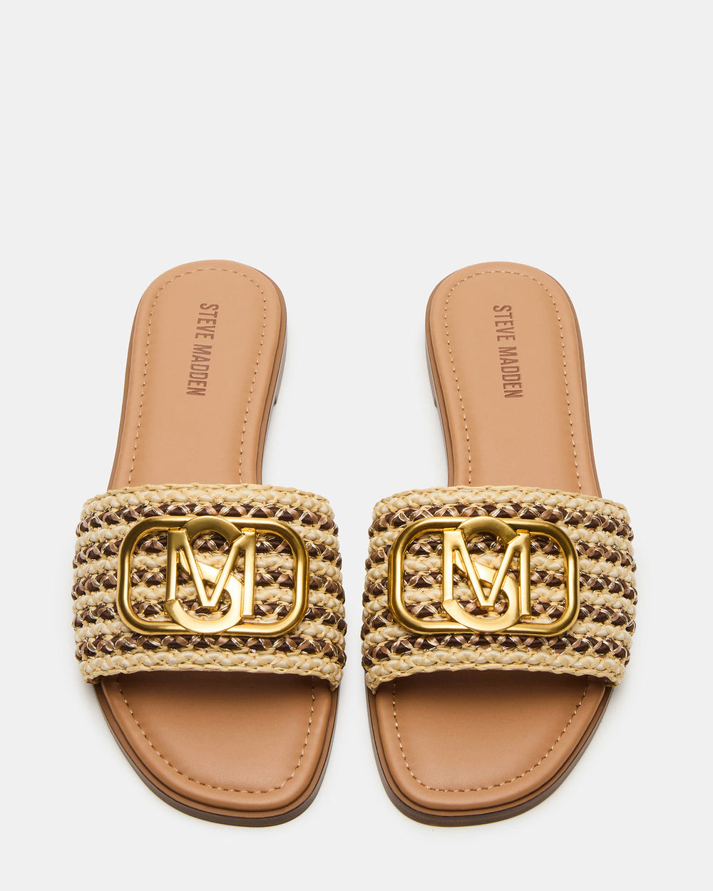 KORA Brown Raffia Gold Detail Slide Women's Sandal | Steve Madden outlet