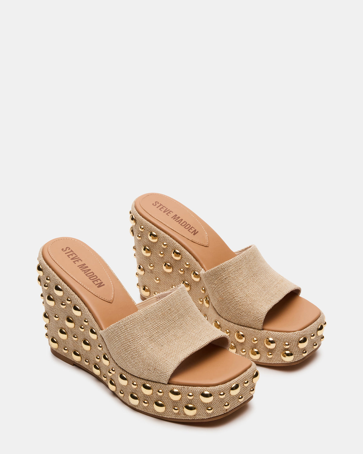 CAYMAN Natural Mini Studs Platform Square-Toe Wedge Women's Sandal | Steve Madden Sale