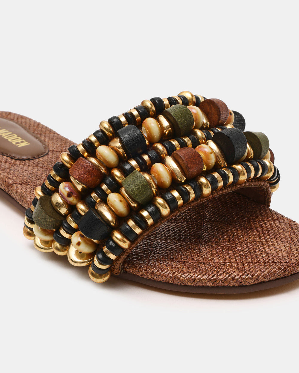 MARIKA Beads Brown Raffia Round-Toe Slide Women's Sandal | Steve Madden on Sale