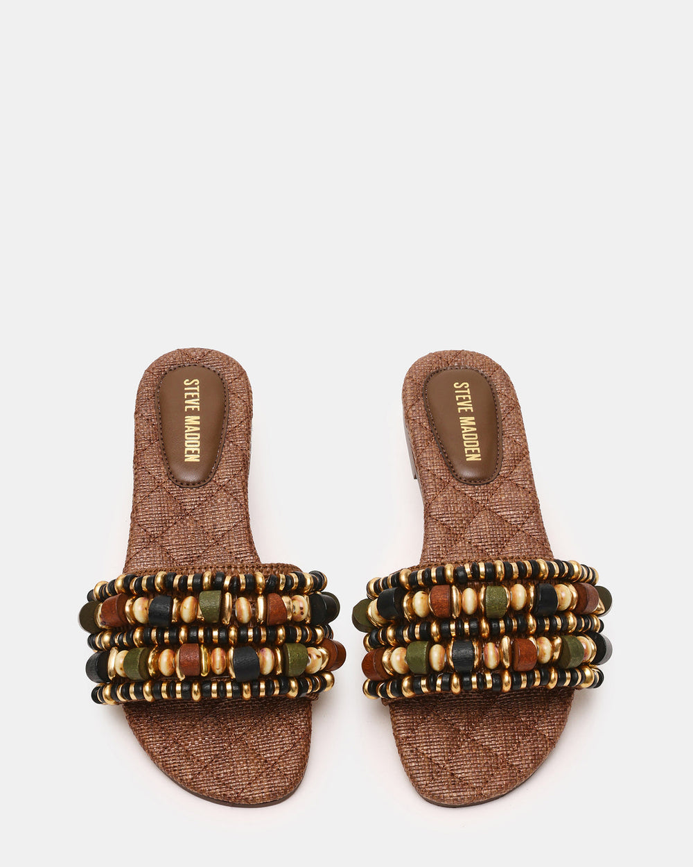 MARIKA Beads Brown Raffia Round-Toe Slide Women's Sandal | Steve Madden on Sale