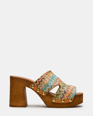 SUNKISSED Multi Raffia Platform Block Heel Studded Women's Sandal | Steve Madden Sale