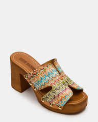 SUNKISSED Multi Raffia Platform Block Heel Studded Women's Sandal | Steve Madden Sale