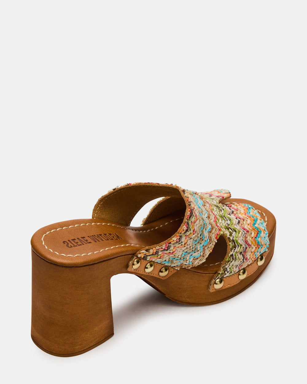 SUNKISSED Multi Raffia Platform Block Heel Studded Women's Sandal | Steve Madden Sale