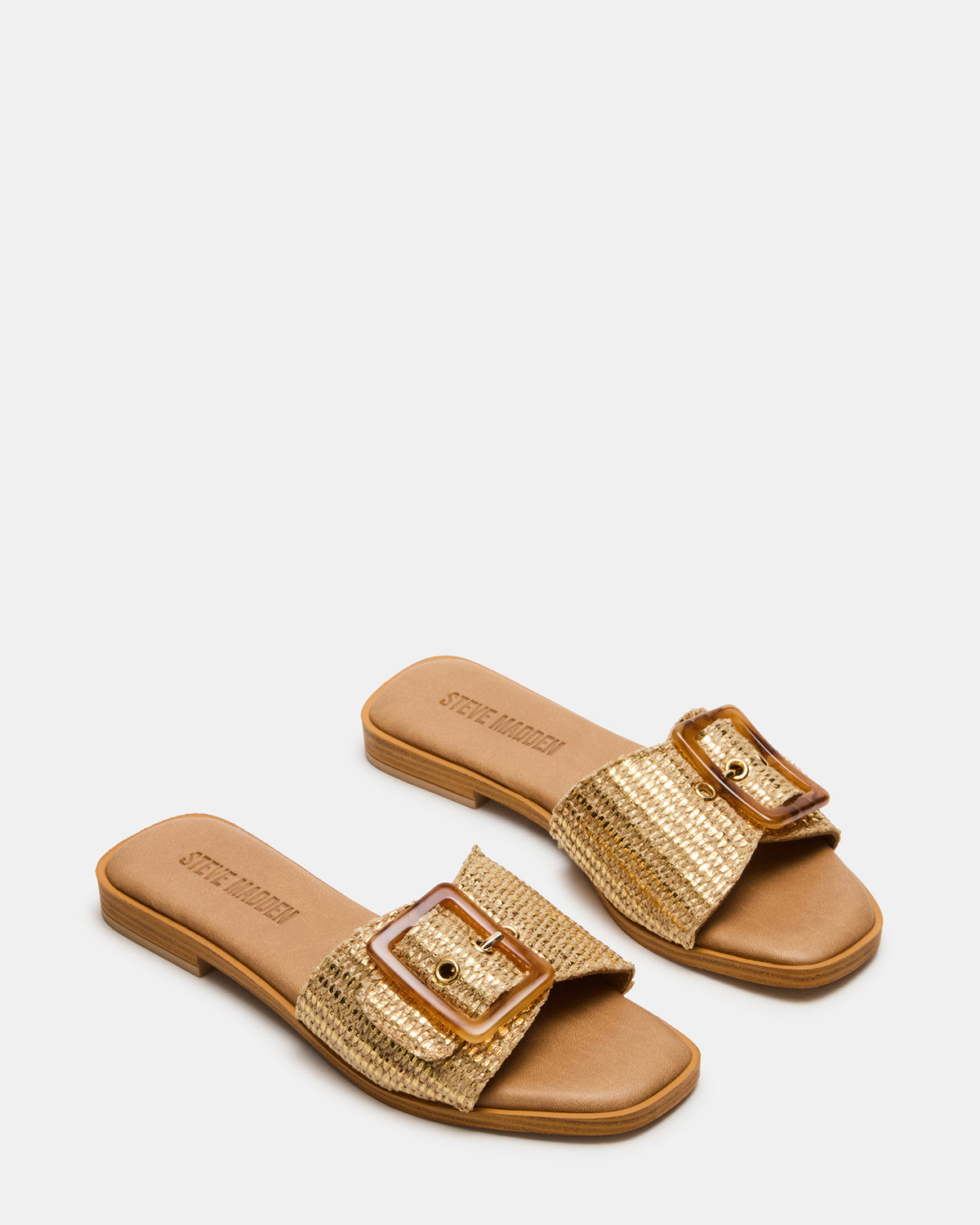 HAPP Gold Square-Toe Raffia Slide Women's Sandal | Steve Madden US