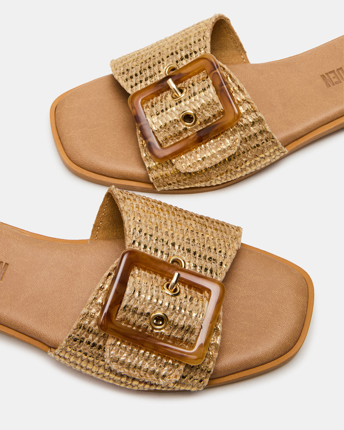 HAPP Gold Square-Toe Raffia Slide Women's Sandal | Steve Madden US