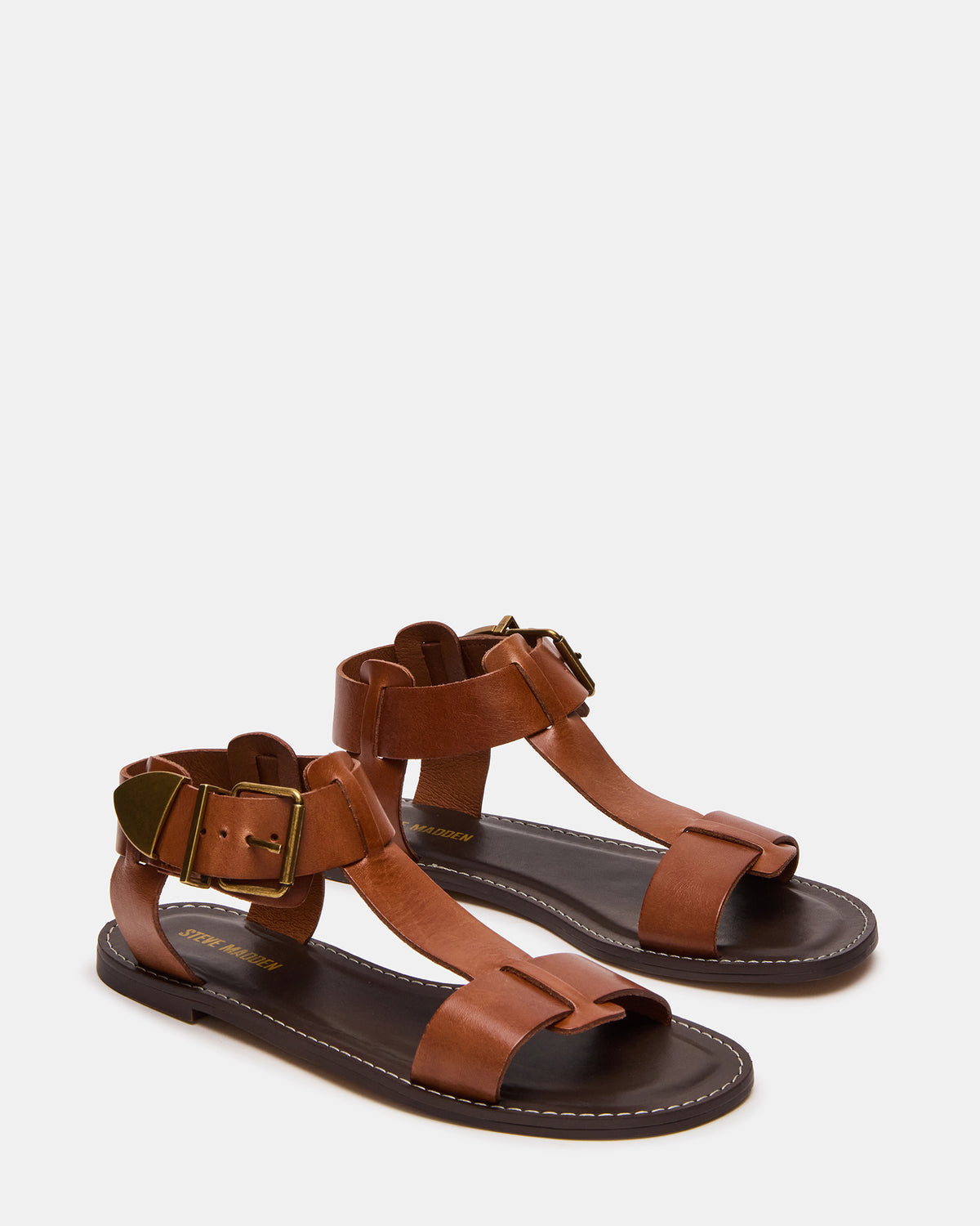 BRAZINN Tan Leather Strappy Flat Sandal Women's Sandal | Steve Madden online