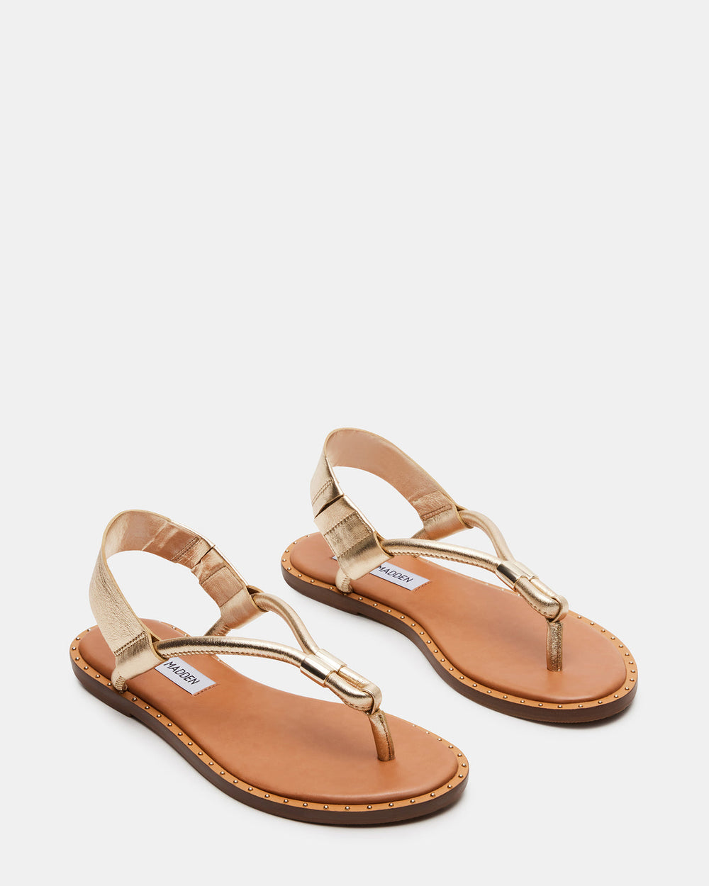 MEDUZA Gold Leather Women's Studded Thong Sandal | Steve Madden on Sale
