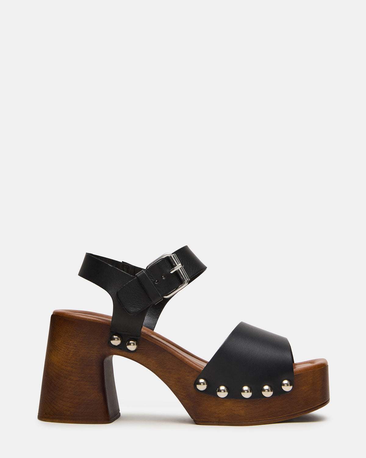 JEMMA Black Leather Square-Toe Wood Bottom Block Heel Women's Sandal | Steve Madden Sale