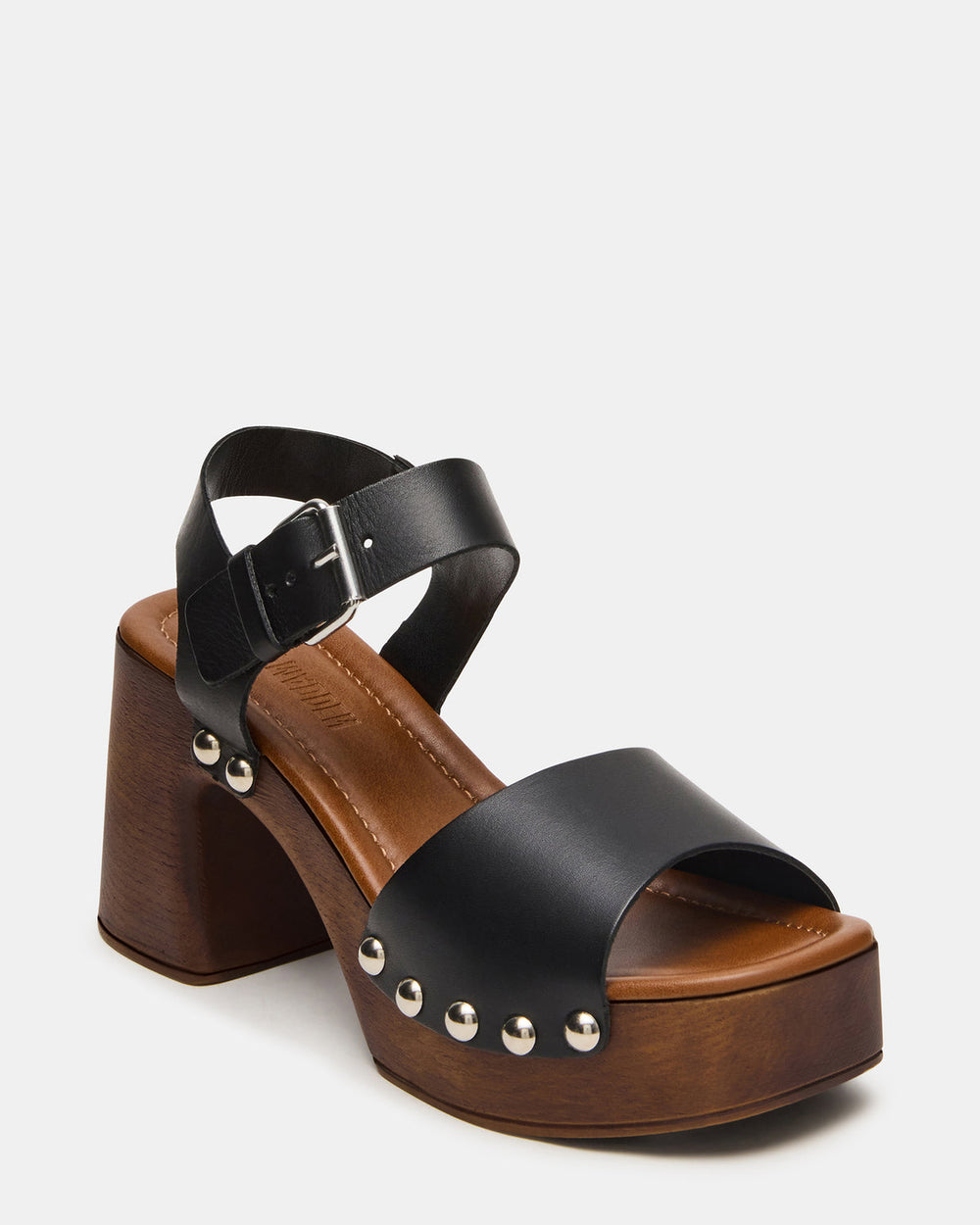 JEMMA Black Leather Square-Toe Wood Bottom Block Heel Women's Sandal | Steve Madden Sale