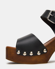 JEMMA Black Leather Square-Toe Wood Bottom Block Heel Women's Sandal | Steve Madden Sale