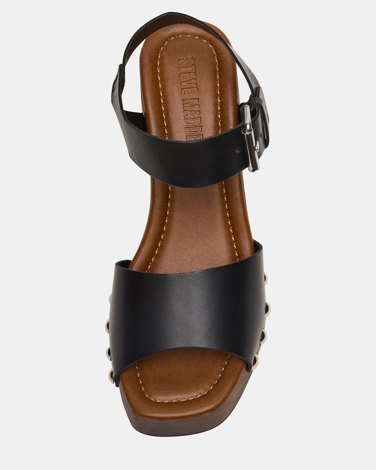 JEMMA Black Leather Square-Toe Wood Bottom Block Heel Women's Sandal | Steve Madden Sale