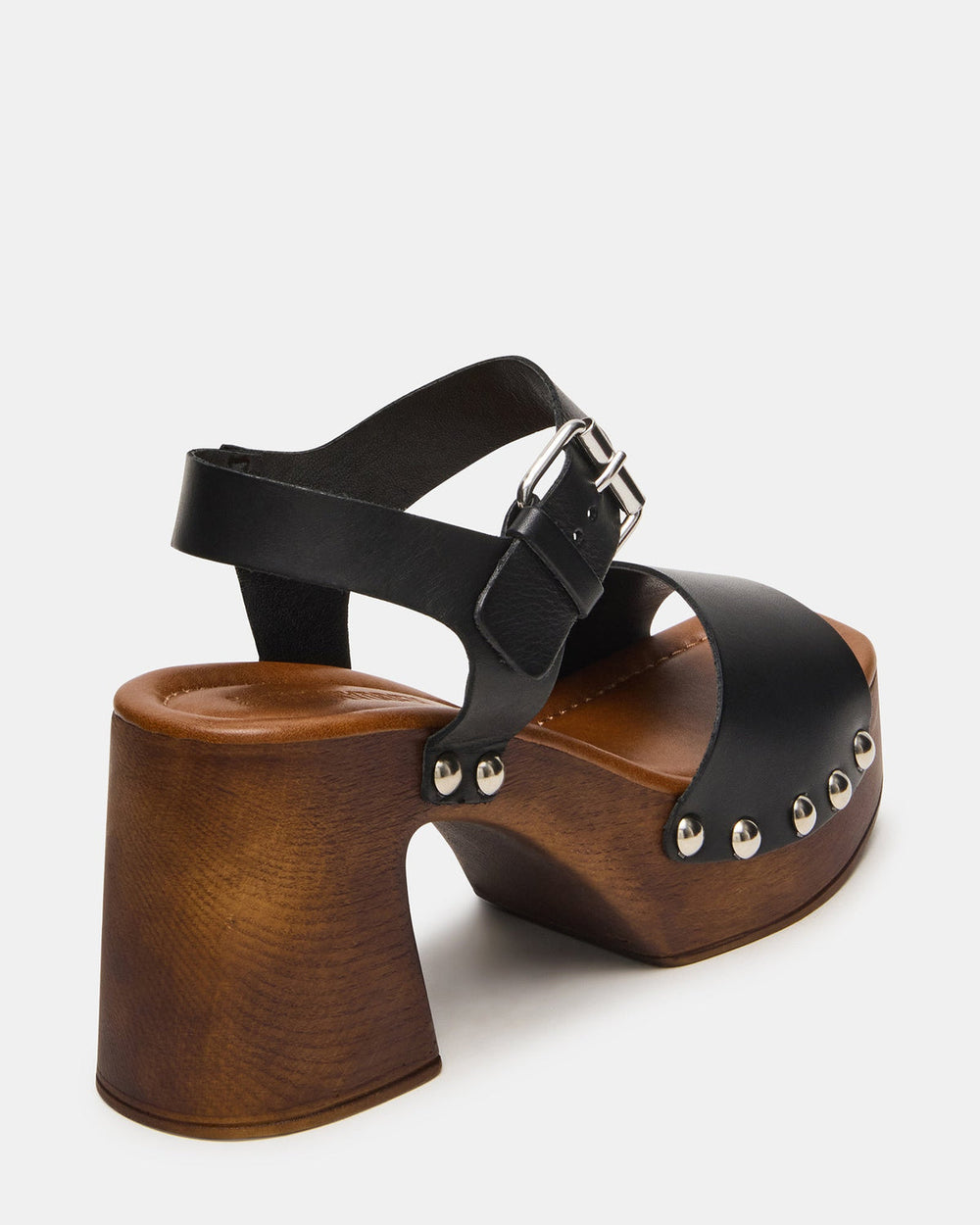 JEMMA Black Leather Square-Toe Wood Bottom Block Heel Women's Sandal | Steve Madden Sale