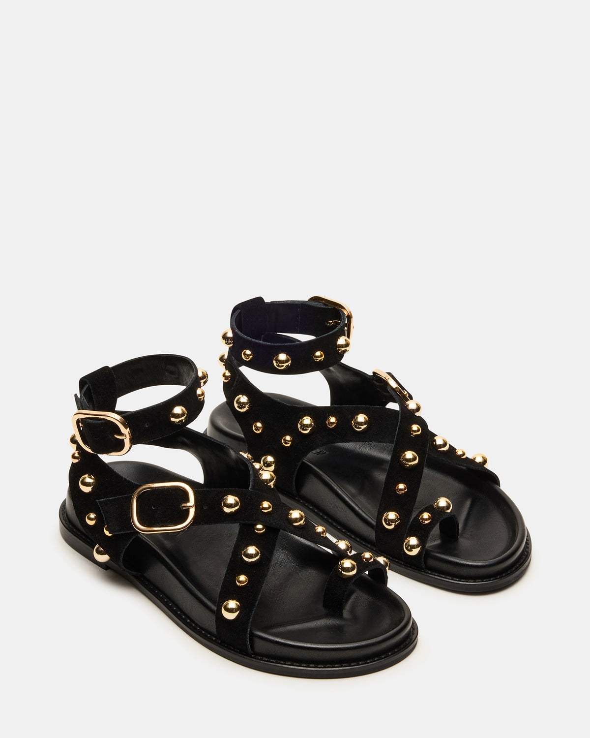 LINEAR Black Suede Strappy Footbed Studded Women's Sandal | Steve Madden for Sale