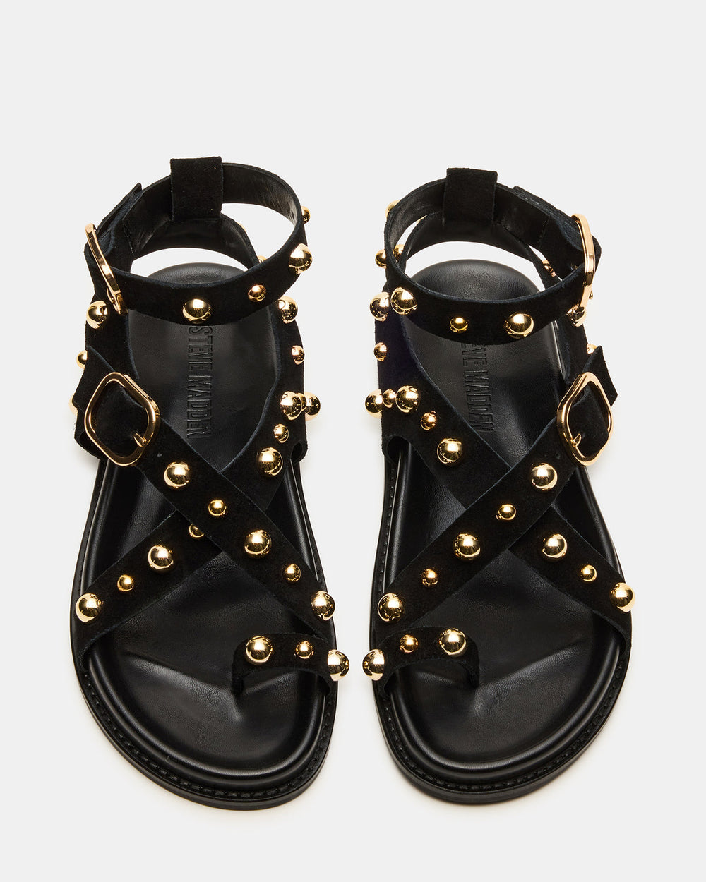 LINEAR Black Suede Strappy Footbed Studded Women's Sandal | Steve Madden for Sale